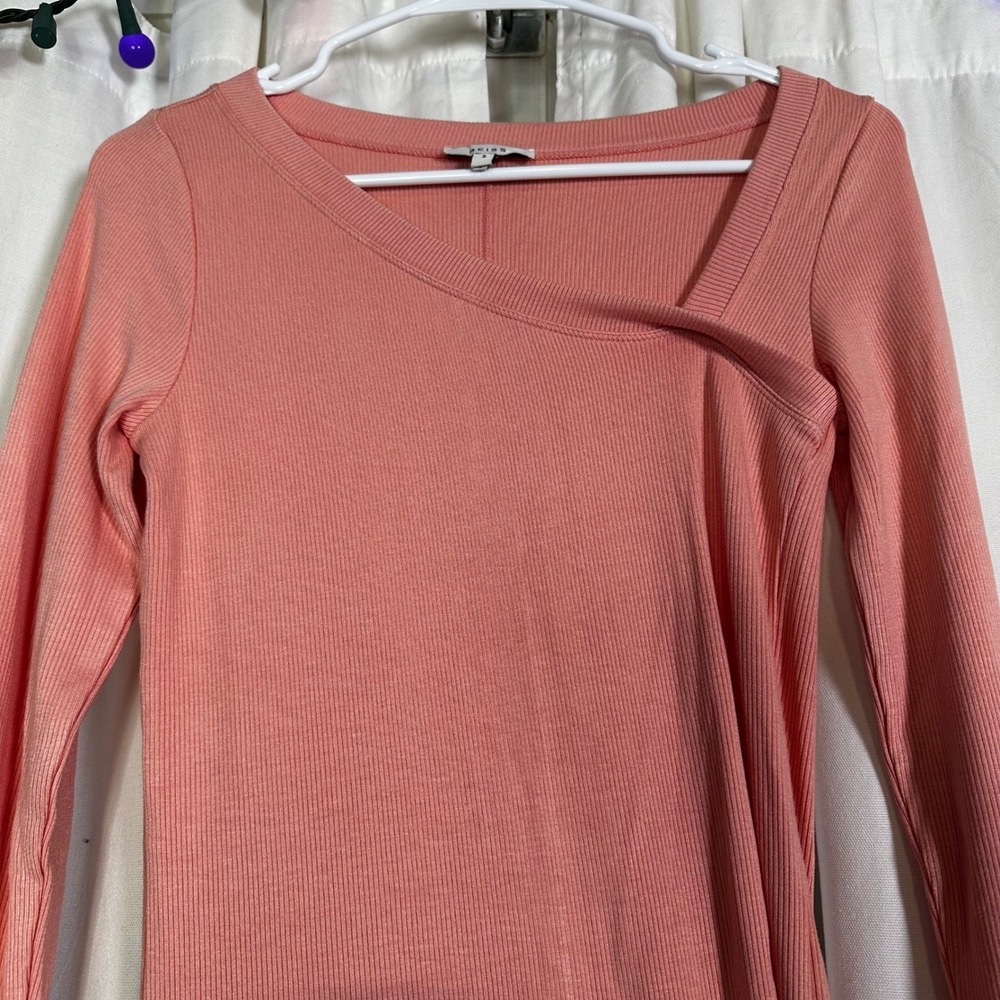 REISS Carly Salmon Pink Ribbed Knit Asymmetrical Neck Long Sleeve Top Size S